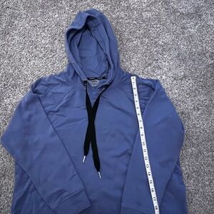 Calvin Klein Periwinkle Blue Hoodie with Black Accents, sits at waist band.